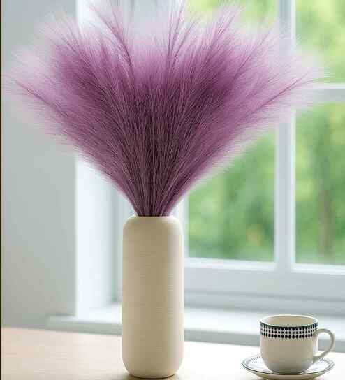 Set Of 6 Purple Plastic Pampas Grass Sticks Artificial Flowers