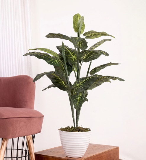 Green Fabric Artificial Medium Leaf Plant with Pot
