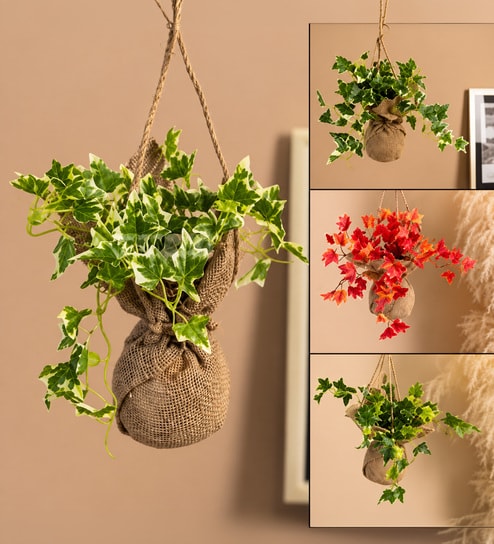 Green Fabric Artificial Hanging Ivy Creeper in Jute Bag