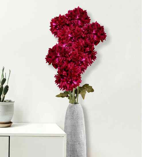 Red Plastic 2 Sticks Long Chrysanthemum Branches Artificial Flowers Bunch