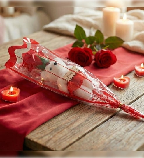 Artificial Red Rose With I Love You Teddy Bear Valentine Gift Set