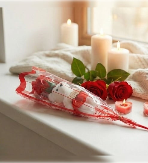 Artificial Red Rose With I Love You Teddy Bear Valentine Gift Set