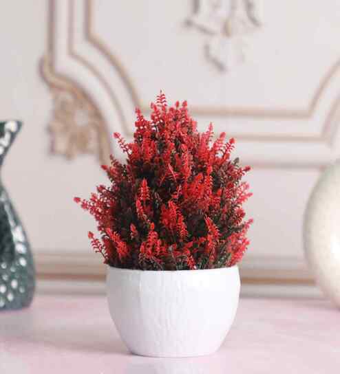 Artificial Red Thick Bush Plant in White Pot