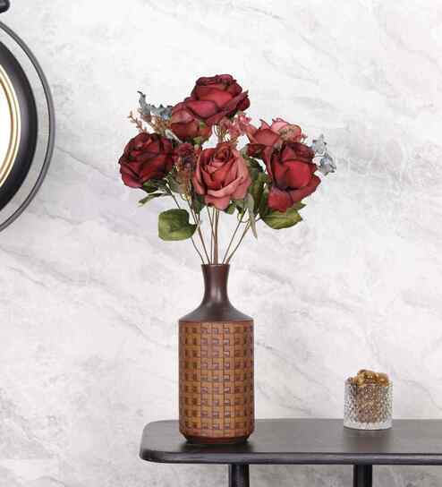 Artificial Rose Flower Bunch with 5 Flower Heads (Red)