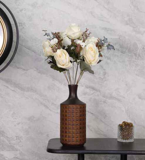 Artificial Rose Flower Bunch with 5 Flower Heads (White)
