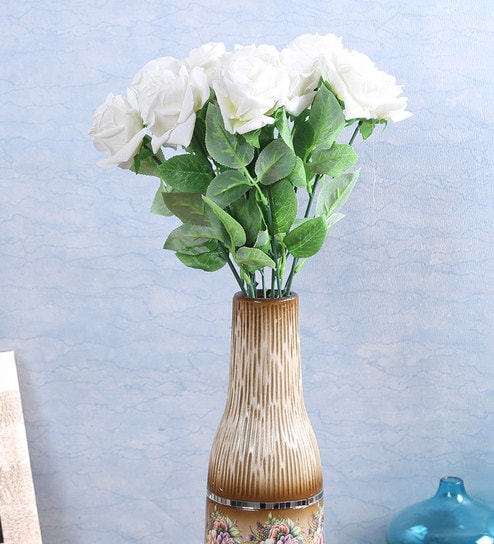 Buy White Artificial Velvet Single Rose Flower Stick Set Of 12 By