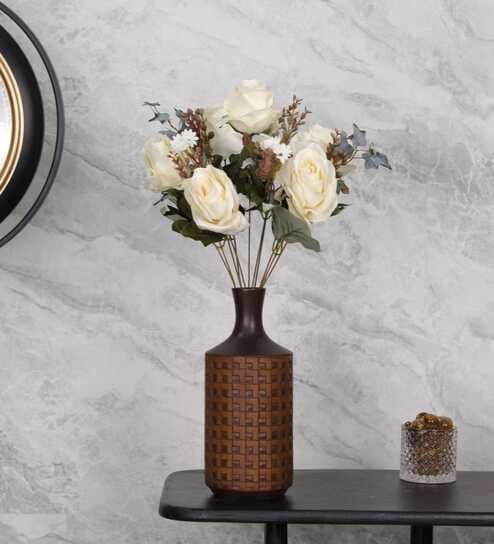 Artificial White Rose Flower Bunch Realistic Decorative Bouquet For Home, Office & Events (White)