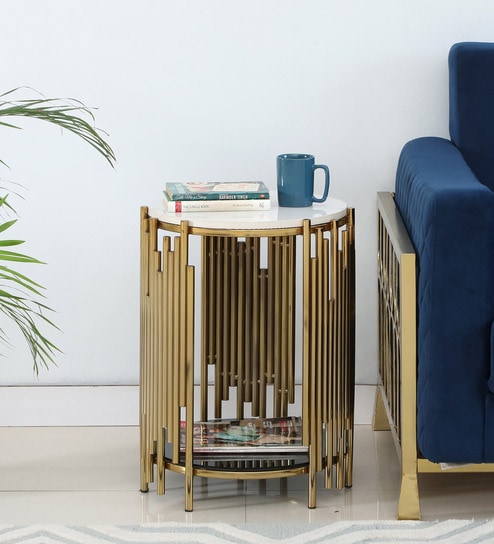 Artis Metal End Table In White & Golden Finish with Porcelain Top