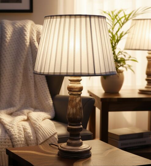Artisan Distressed Wood Table Lamp with Pleated White Fabric Shade | Bedside Lamp for Bedroom, Living Room & Home D cor