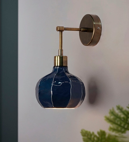 Artisanal Blue Enamel Wall Sconce with Undulated Melon Shade & Antique Brass Arm