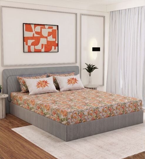 Orange Floral 300 TC Cotton Bedsheet With 4 Pillow Covers King Sized Bedsheet With 2 Pillow Covers