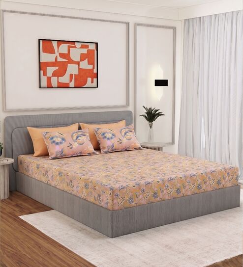 Gold Floral 300 TC Cotton Bedsheet With 4 Pillow Covers King Sized Bedsheet With 2 Pillow Covers