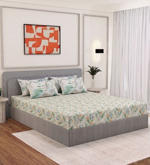 Green Leaf 300 TC Cotton Bedsheet With 4 Pillow Covers King Sized Bedsheet With 2 Pillow Covers