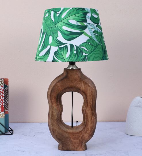 Artistry Mangowood Table Lamp With Palm Print Satin Shade