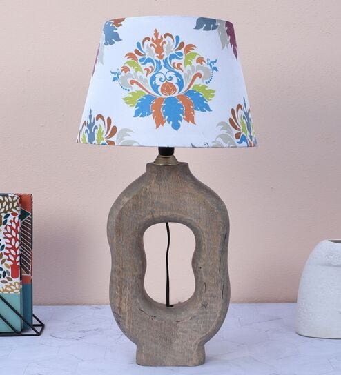 Artistry Mangowood Table Lamp With English Oak Print Satin Shade