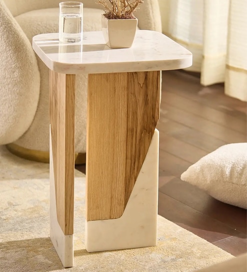 Arvod Ashwood White Marble End Table In Matte Finish