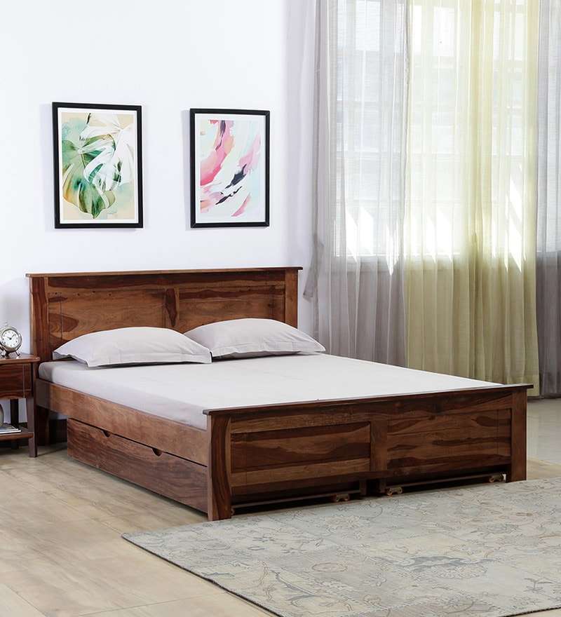 Buy Arabel Solid Wood King Size Bed With Drawer Storage In Rustic Teak ...