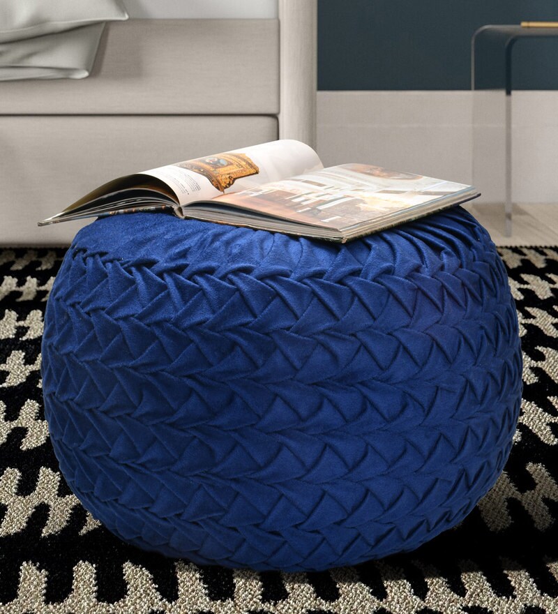 Buy Nicole Fabric Pouffe in Navy Blue Colour by Riance Creations Online
