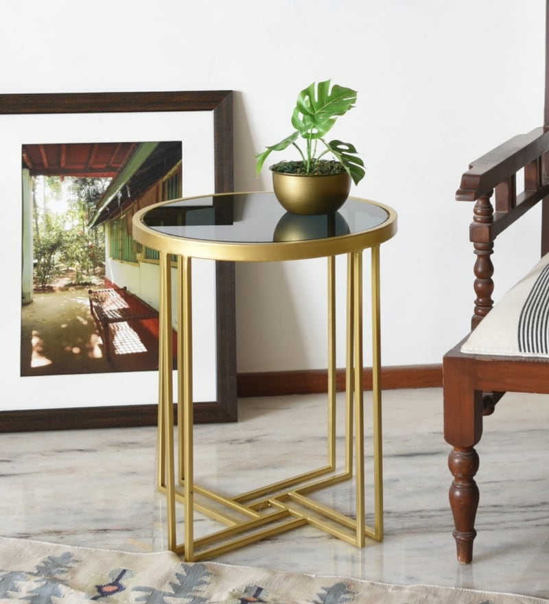 Buy Art Deco Metal Table in Gold with Black Glass Top by 1 BHK Online