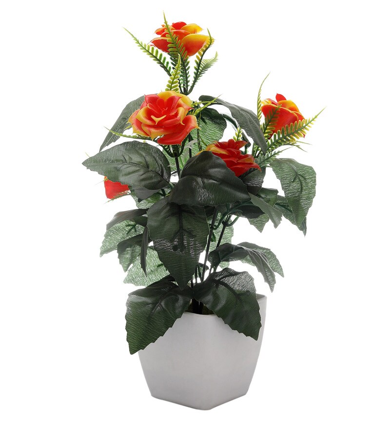 Buy Orange Rose Artificial Plant with Pot by Foliyaj Online