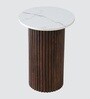 Arden Round Marble Finish Look-Top Side Table with Vertical Fluted Wooden Base in Brown Colour