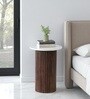 Arden Round Marble Finish Look-Top Side Table with Vertical Fluted Wooden Base in Brown Colour
