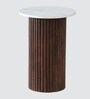 Arden Round Marble Finish Look-Top Side Table with Vertical Fluted Wooden Base in Brown Colour