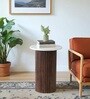 Arden Round Marble Finish Look-Top Side Table with Vertical Fluted Wooden Base in Brown Colour