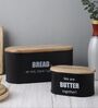 Ardura Black Metal Bread Box and Butter Box with Wooden Lids  Set of 2