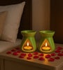 Set Of 6 Green Ceramic  Aroma Oil, Tea Light With Burner Set For Gifting