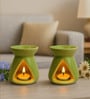 Set Of 6 Green Ceramic  Aroma Oil, Tea Light With Burner Set For Gifting
