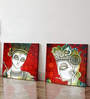 Art Street Sri Krishna Theme in Red Background Stretched Canvas Painting (Set Of 2, 12x12 Inch)