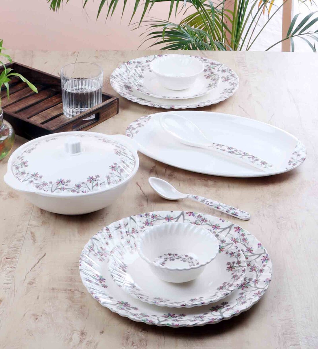 Floral 40 Pcs White Grey Melamine Dinnerware Set