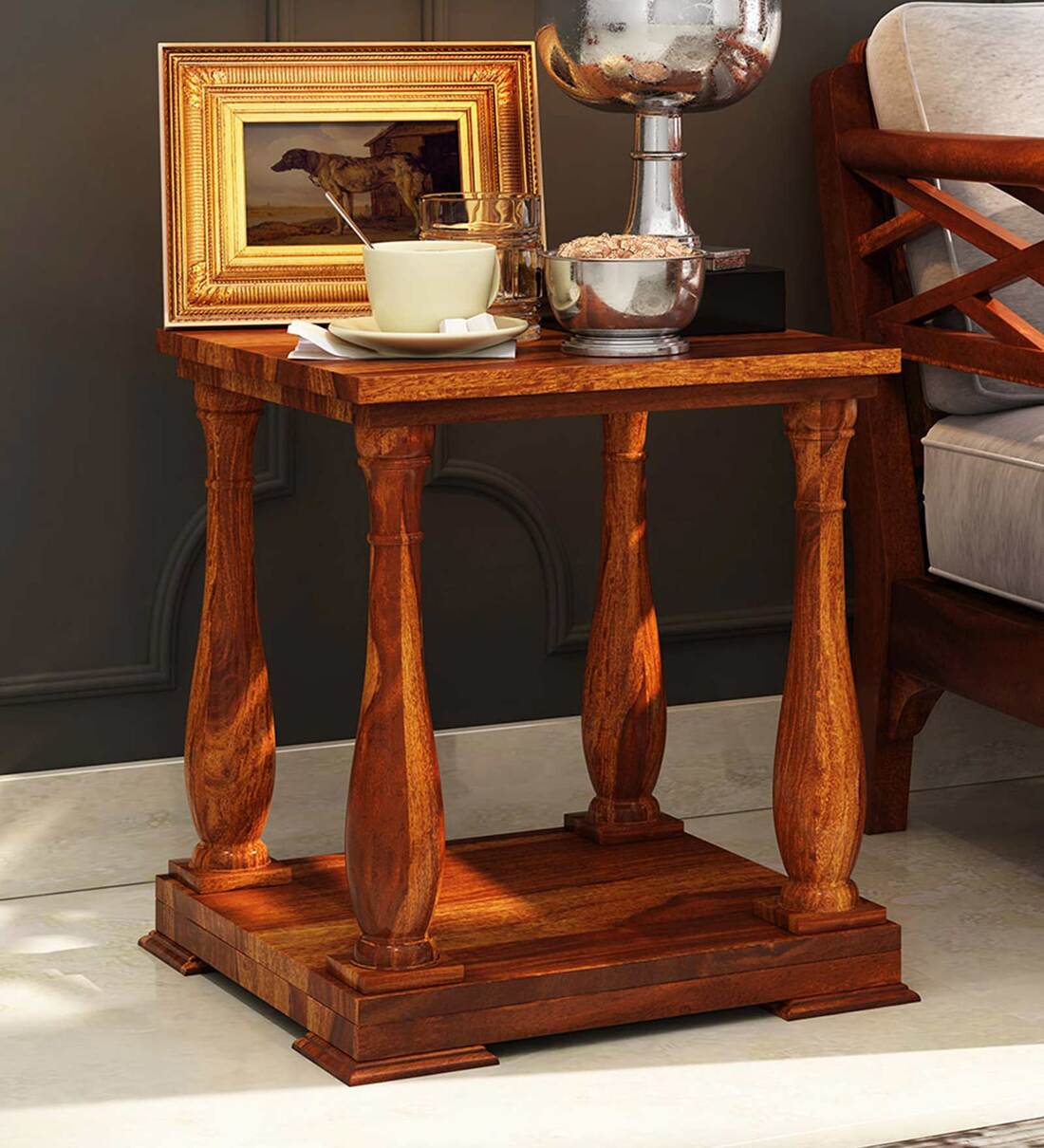 Buy Aster Side Table in Teak Finish by Woodhub Online Traditional End