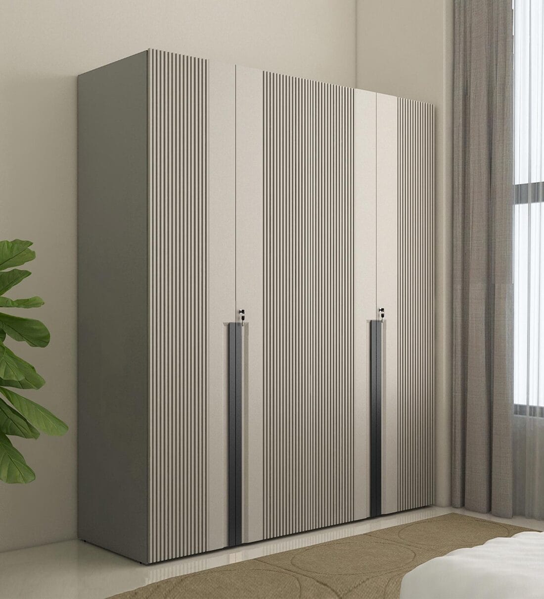 Astor Modern 4 Door Wardrobe In Matte Finish With Stripes With Drawer & Locker