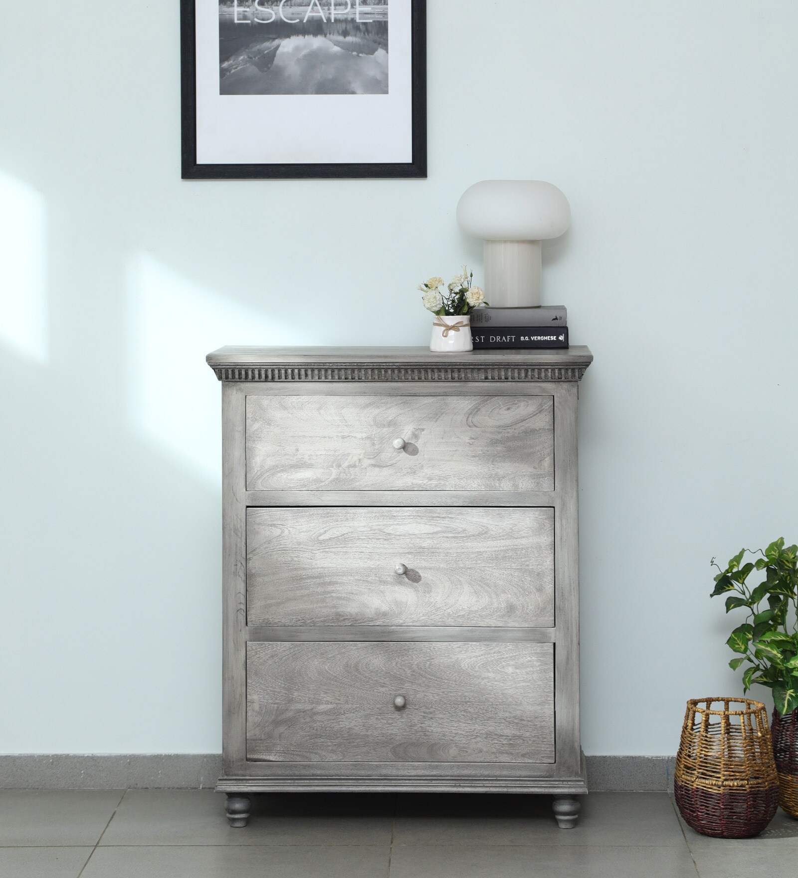 Ash Grey Collection Solid Wood Chest of 3 Drawers in Grey Colour