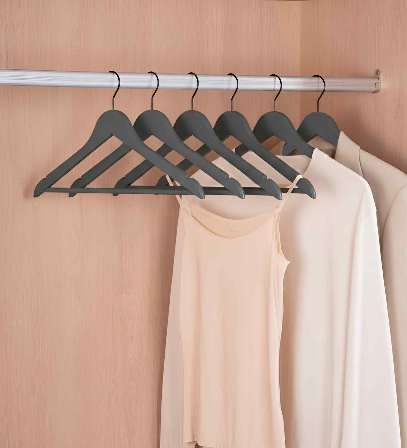 Ash Grey Lotus Wood Shirt Hanger with Ribbed Non-Slip Bar and Satin Nickel Swivel Hook Set of 5