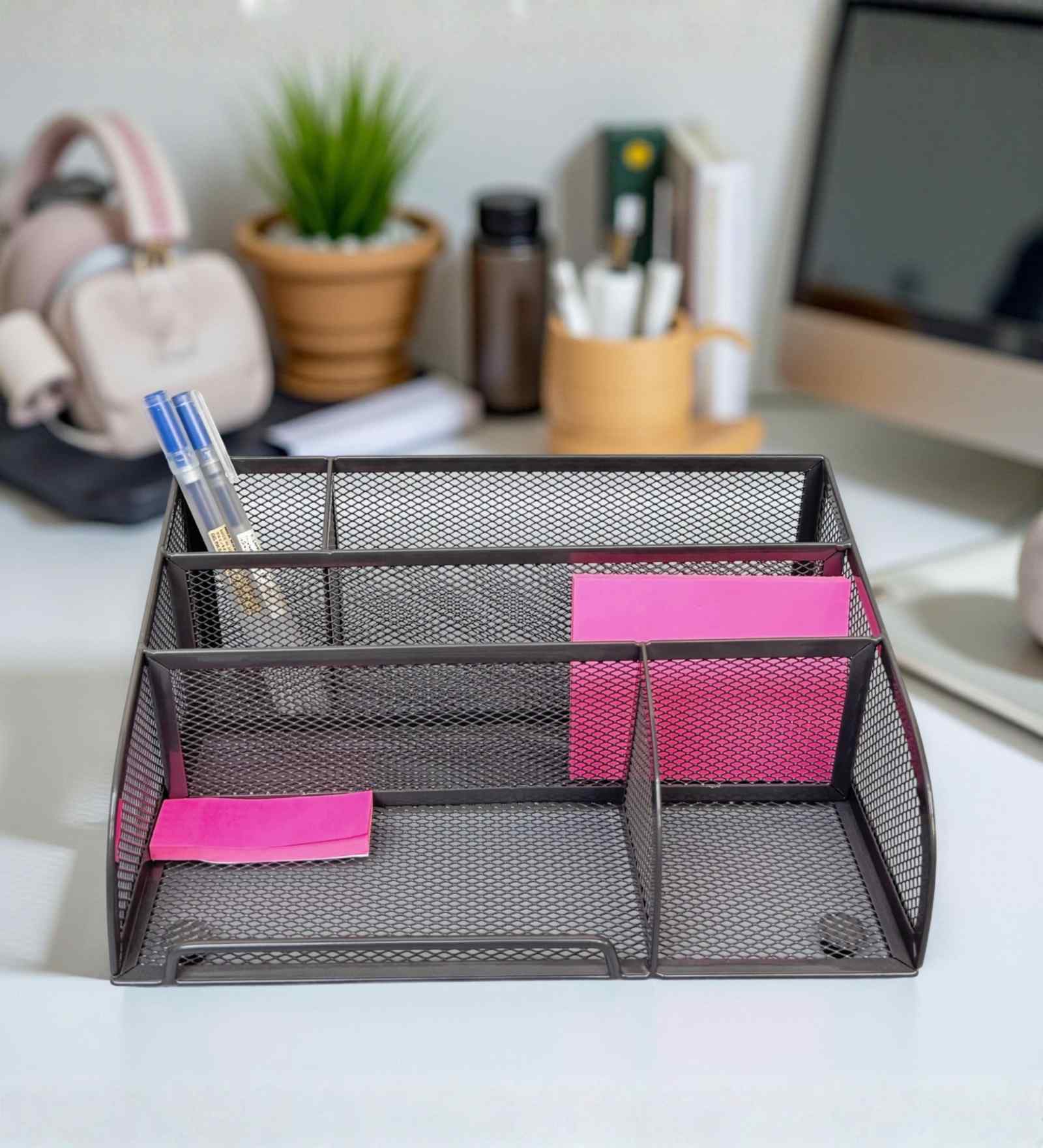 Ash Grey Metal Mesh Desk Organizer with Compartments