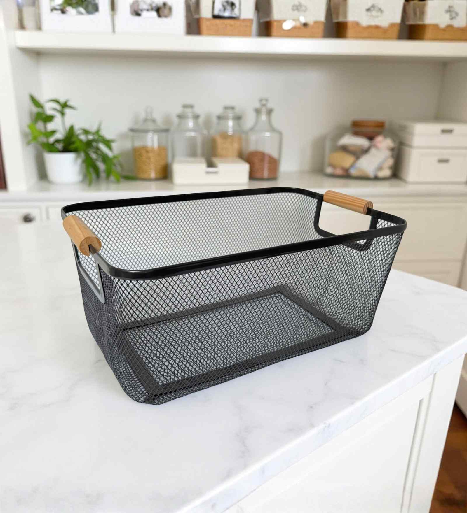 Ash Grey Powder-Coated Metal Mesh Storage Basket