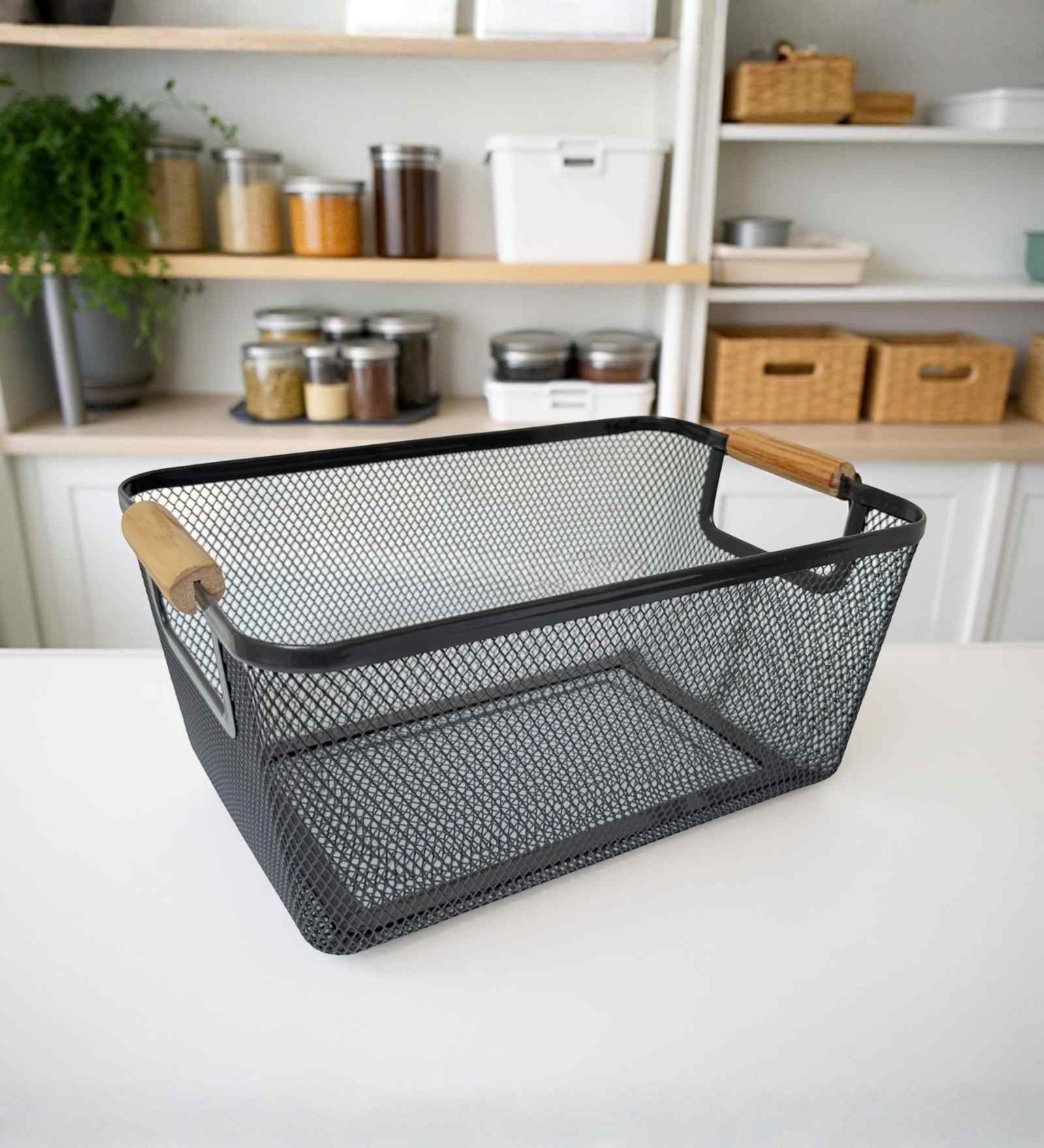 Ash Grey Powder-Coated Metal Mesh Storage Basket