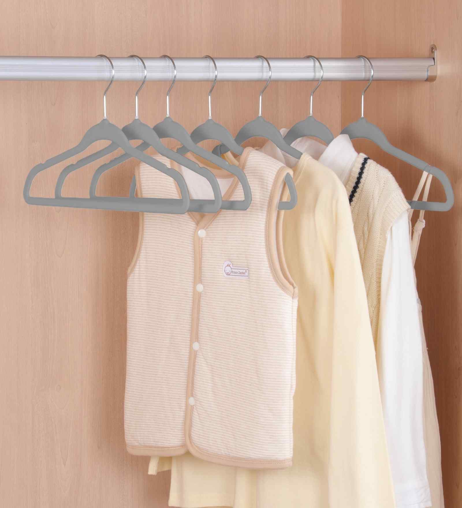 Ash Grey Premium Velvet Kids Hangers with Non-Slip Surface, 360 Swivel Hook, Slim Ergonomic Design