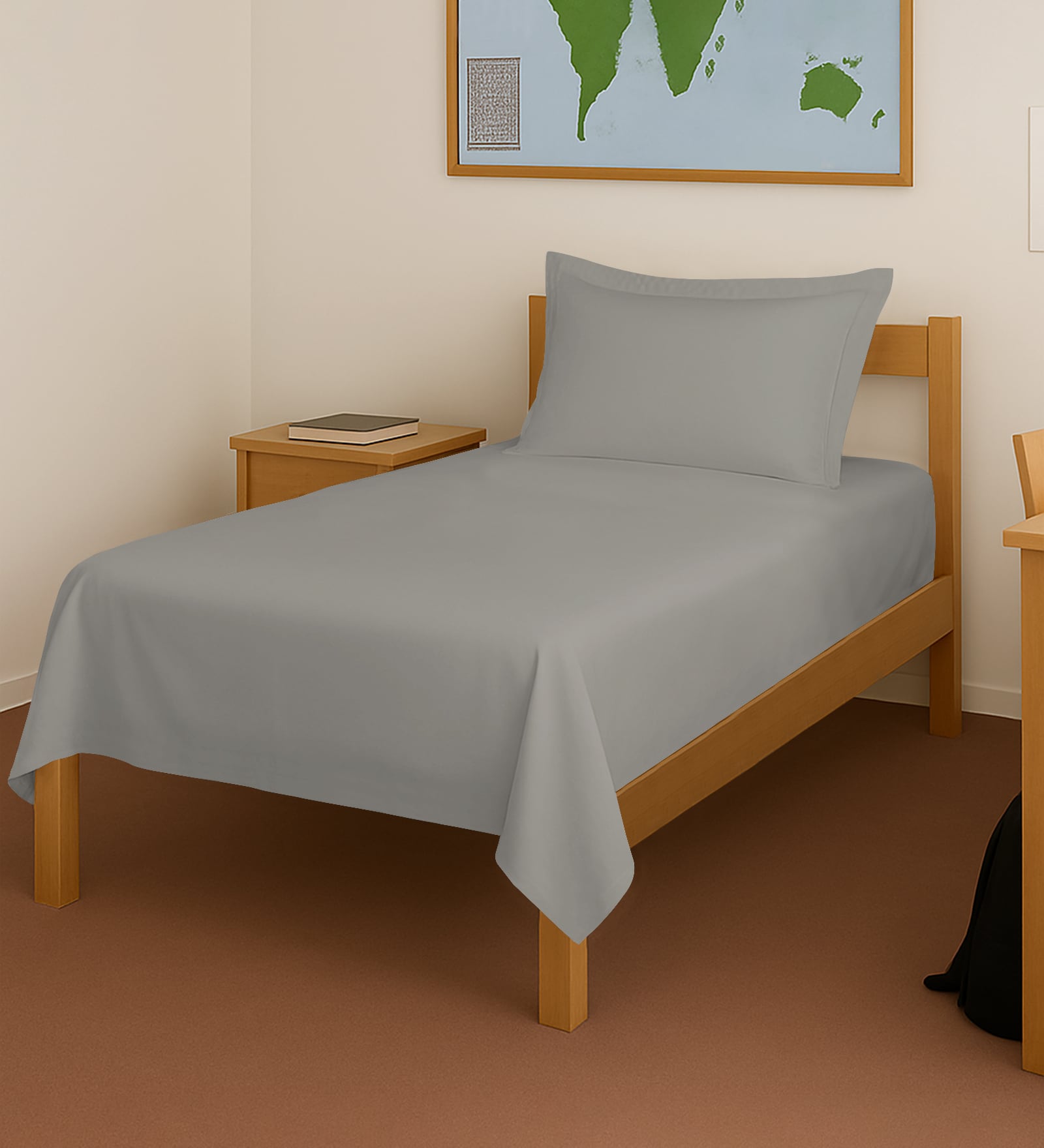 Ash Grey Solid 400 TC Cotton Single Sized Bedsheet with 1 Pillow Cover