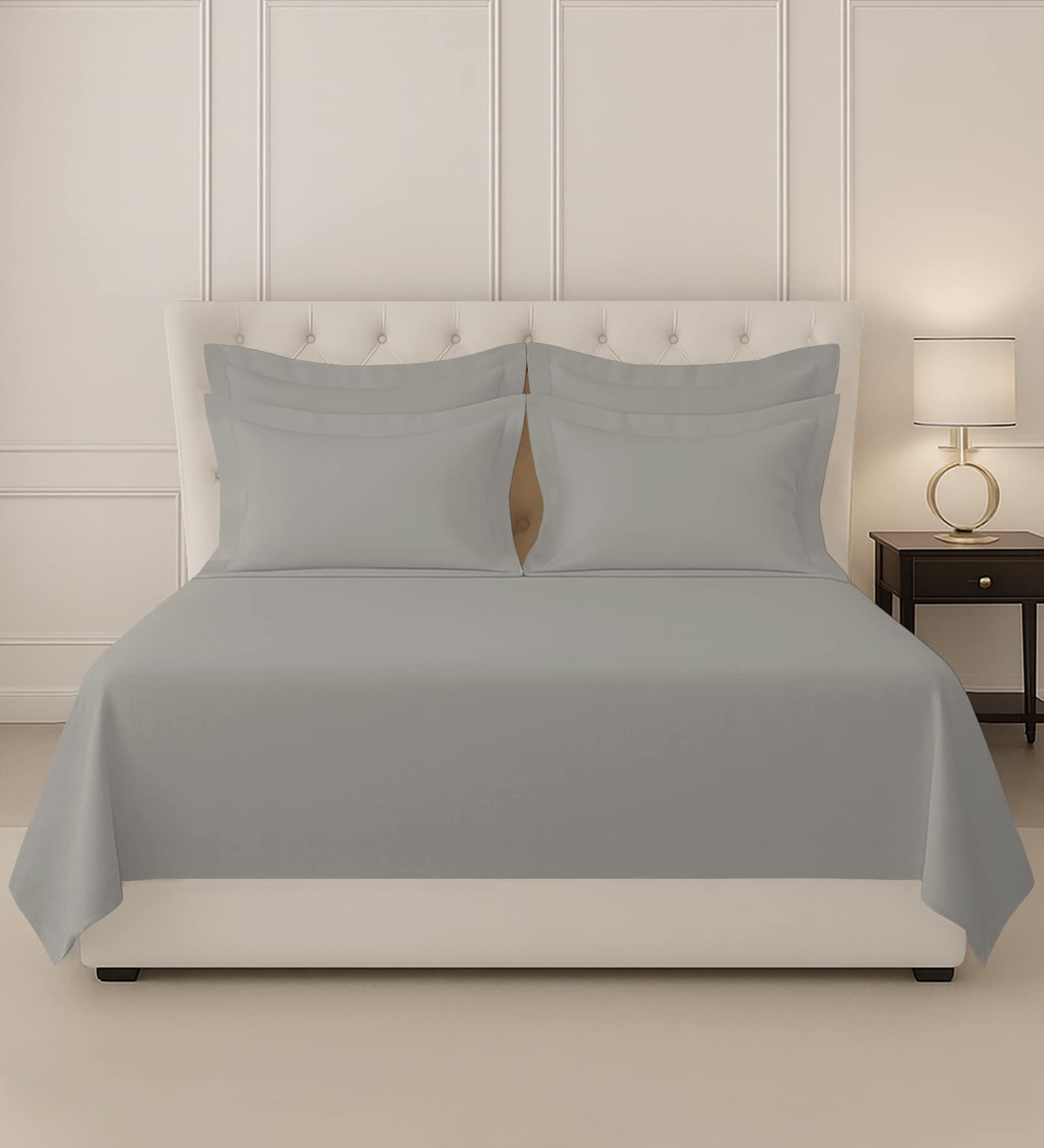 Ash Grey Solid 400 TC Cotton Super King Sized Bedsheet with 4 Pillow Covers