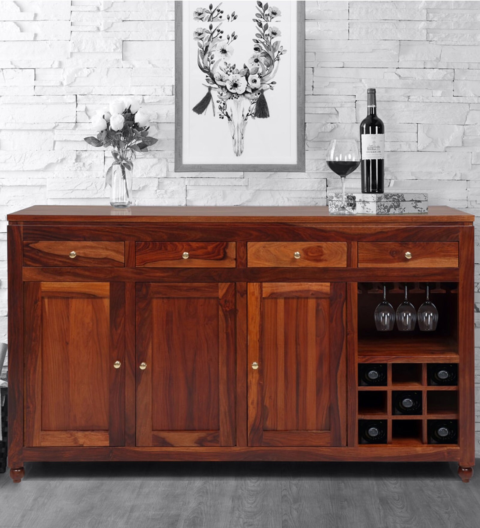 Ashley Sheesham Wood Bar Cabinet in Walnut Finish