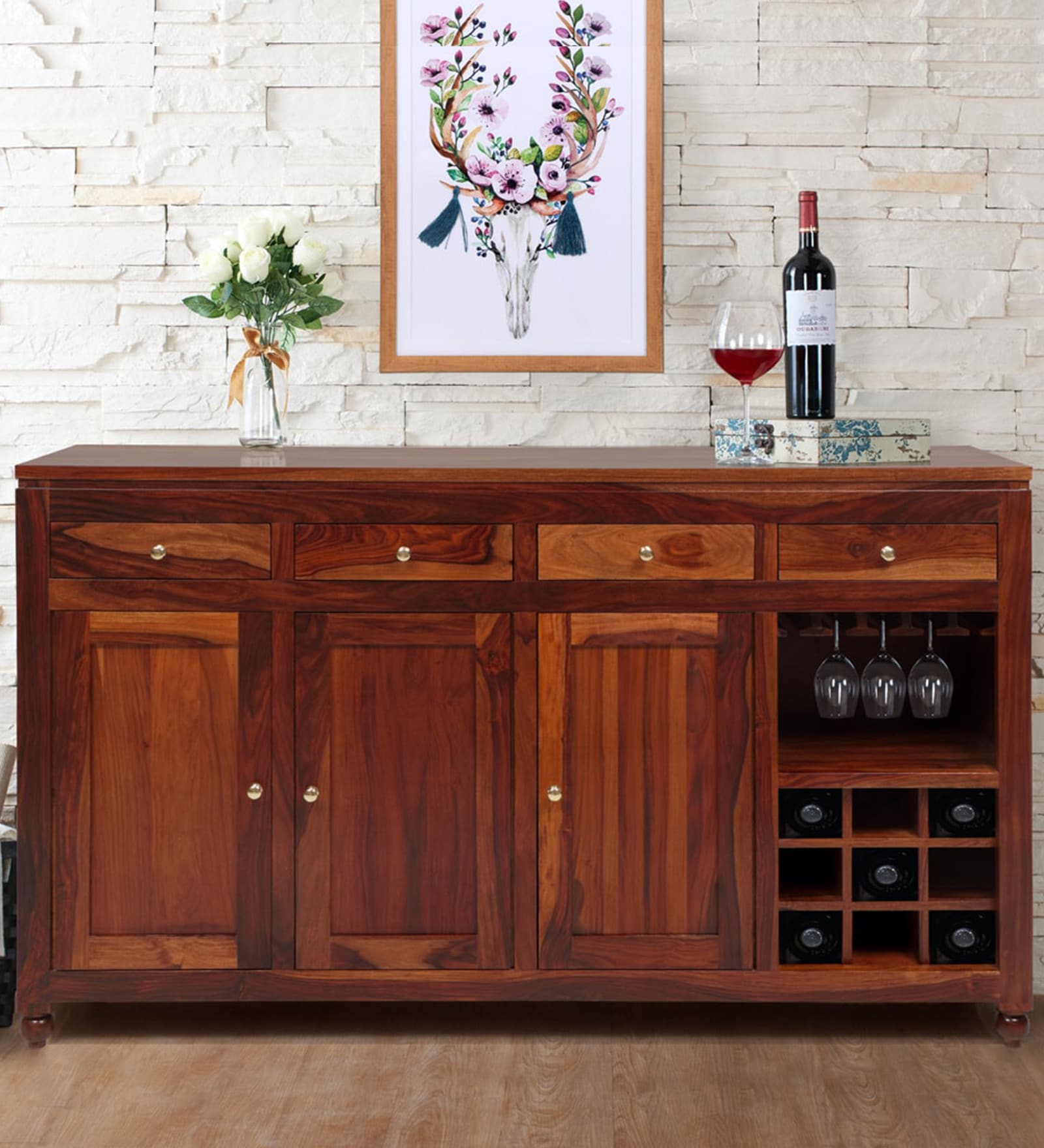 Ashley Solid Wood Buffet Cum Bar Cabinet In Walnut Finish By Evok