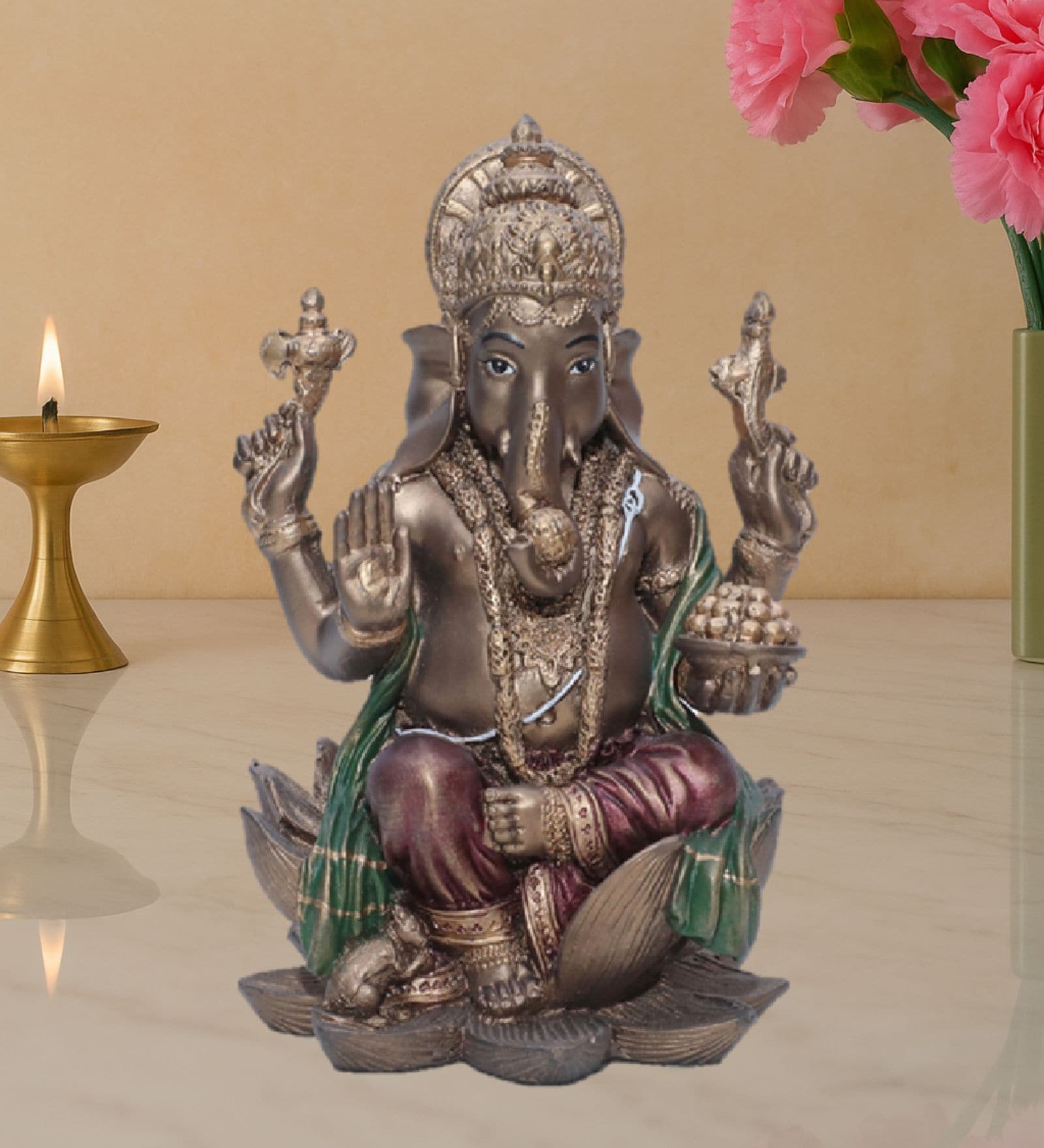 Lord Ganesha Idol Sitting on Lotus Decorative Showpiece   Brown & Red, 17.5cm