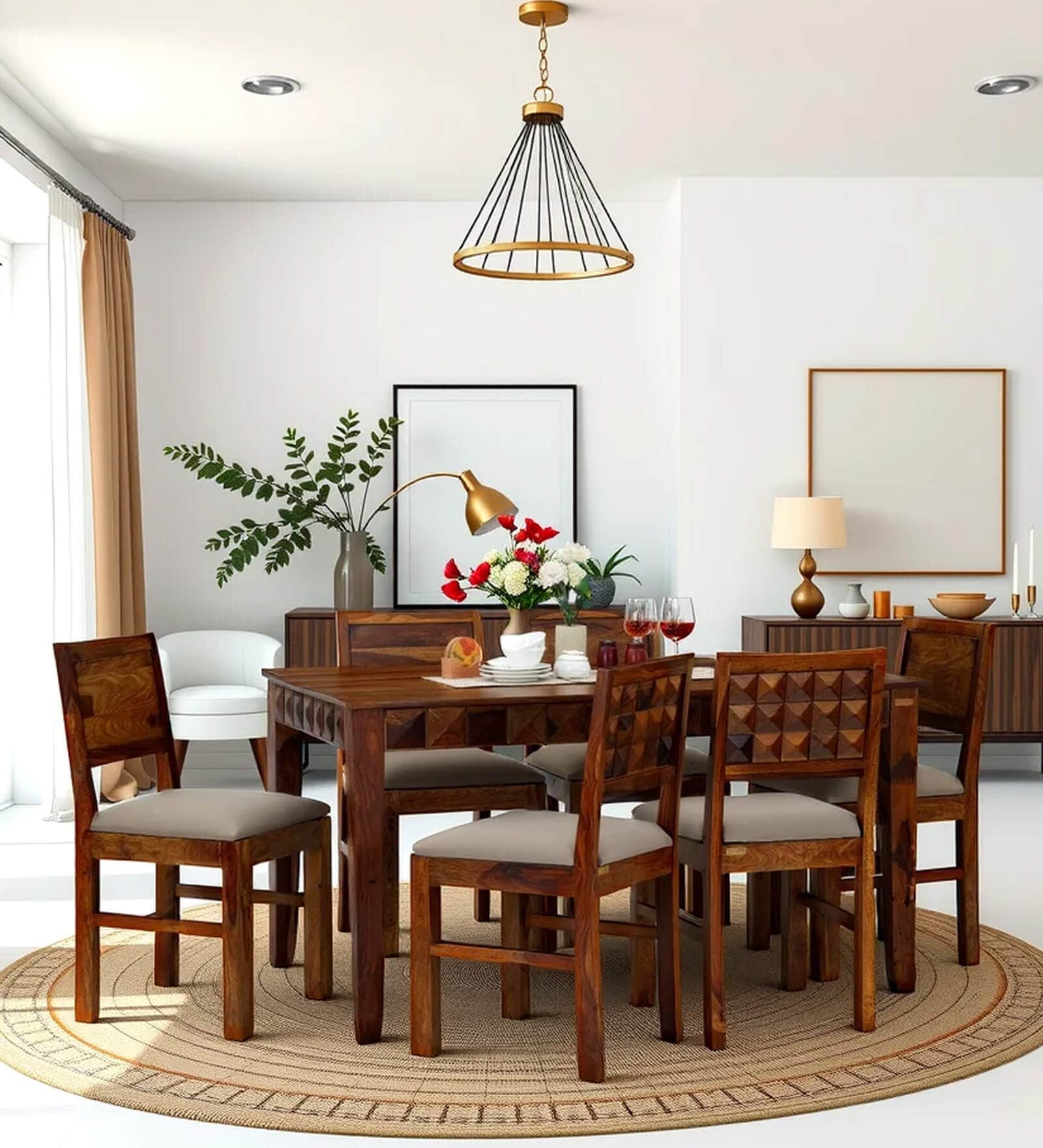 Ashoka 6 Seater Dining Table Set In Brown