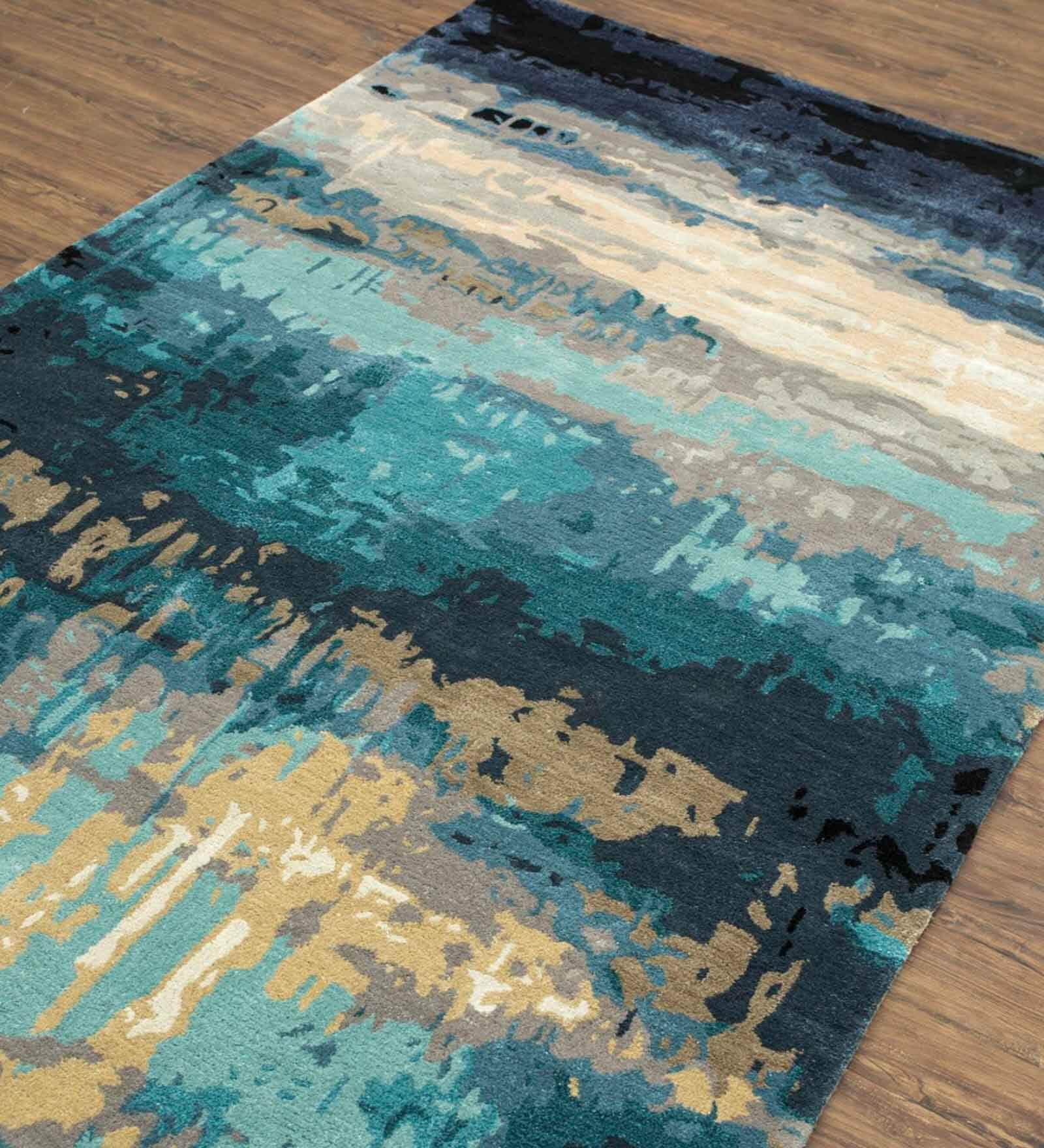 Blue Abstract Wool 5 ft x 7 ft Hand Tufted Carpet
