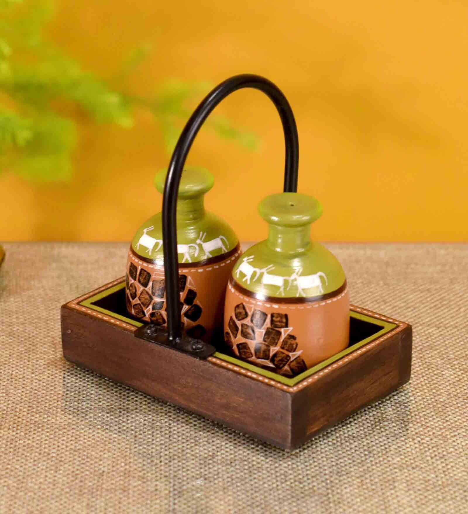 Asmi Orange & Green Mango Wood (Set of 3) Salt & Pepper Shaker with Tray
