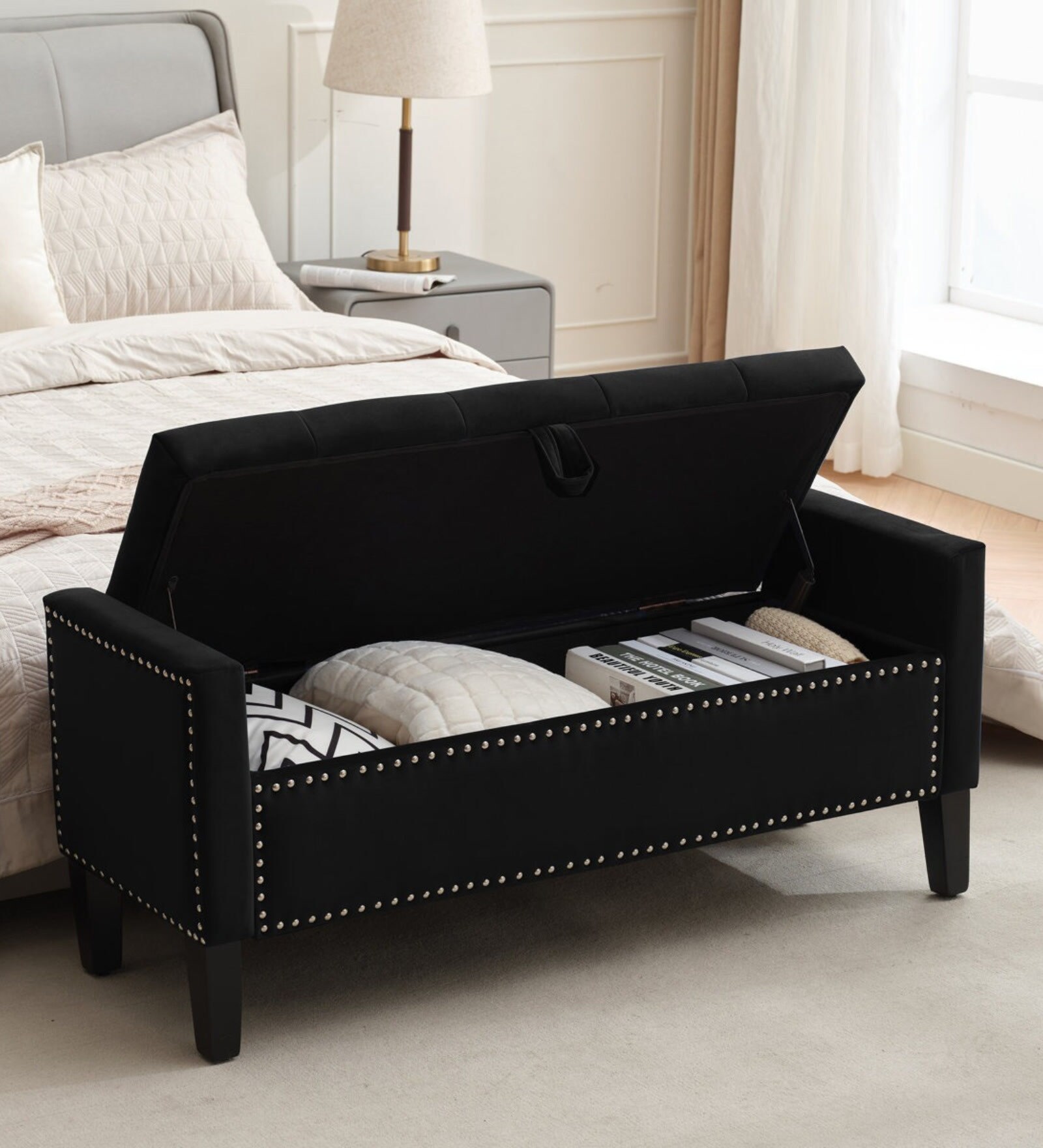 Aspen Fabric Premium Storage Ottoman Ottoman in Black Colour